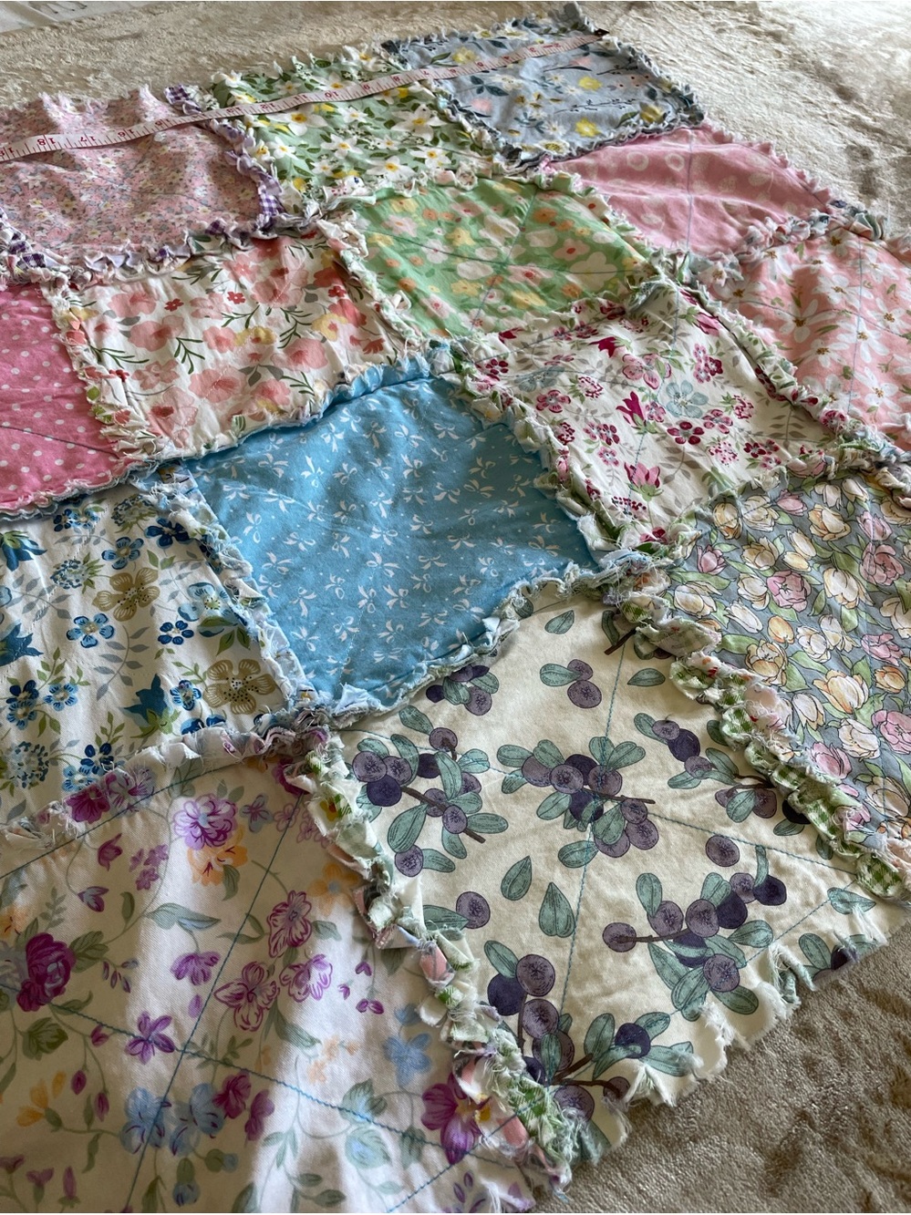 Floral Patchwork Rag Quilt - Pink, Blue, Green